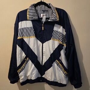 Vintage 90s Janeve Windbreaker Jacket Womens Large Navy White Gold Colorblock